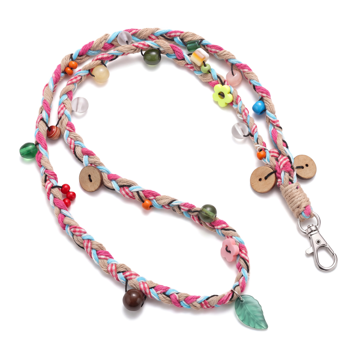 Pastel Woven Crossbody Phone Strap with Leaf Charm & Wooden Buttons