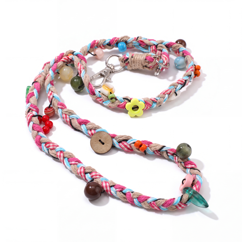 Pastel Woven Crossbody Phone Strap with Leaf Charm & Wooden Buttons