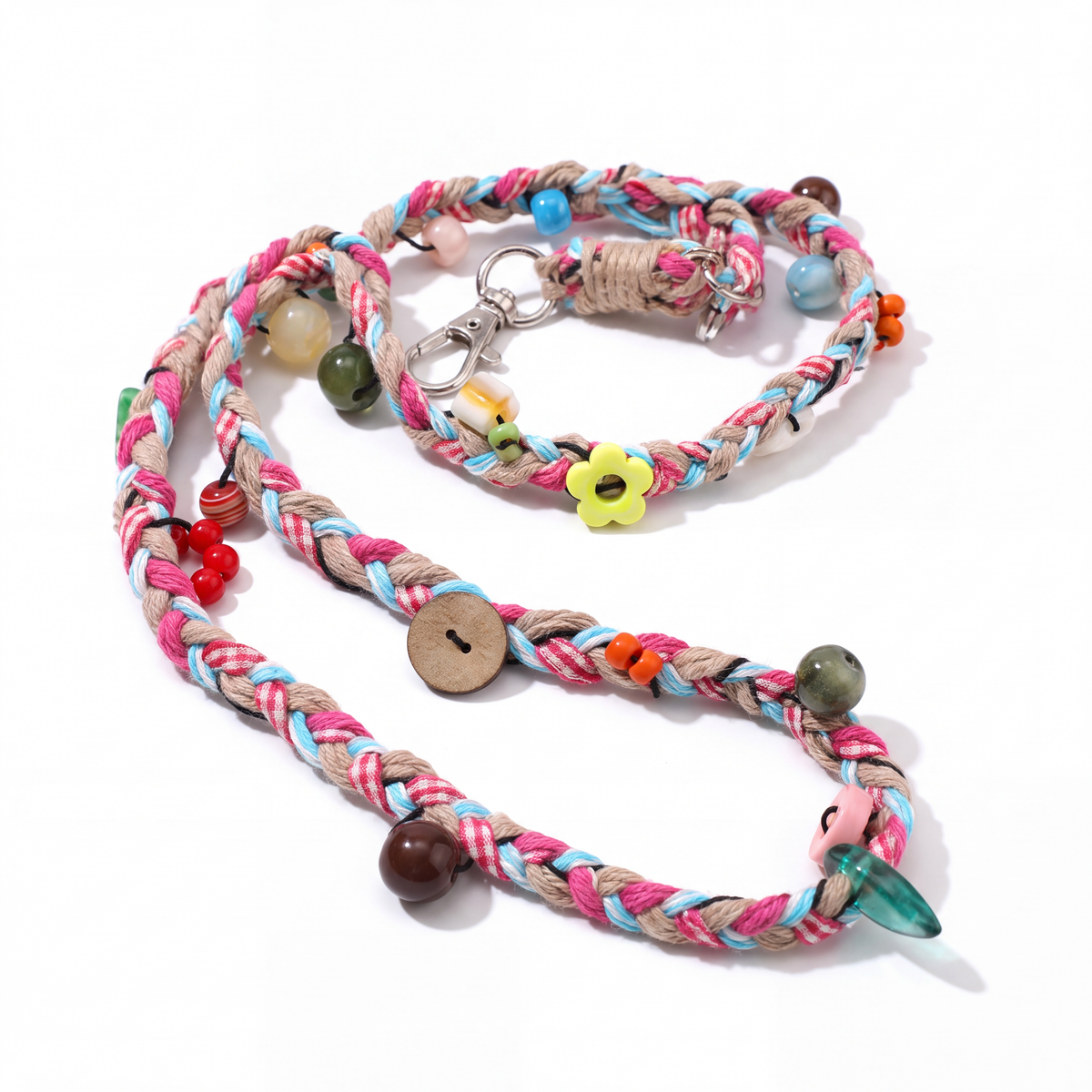 Pastel Woven Crossbody Phone Strap with Leaf Charm & Wooden Buttons