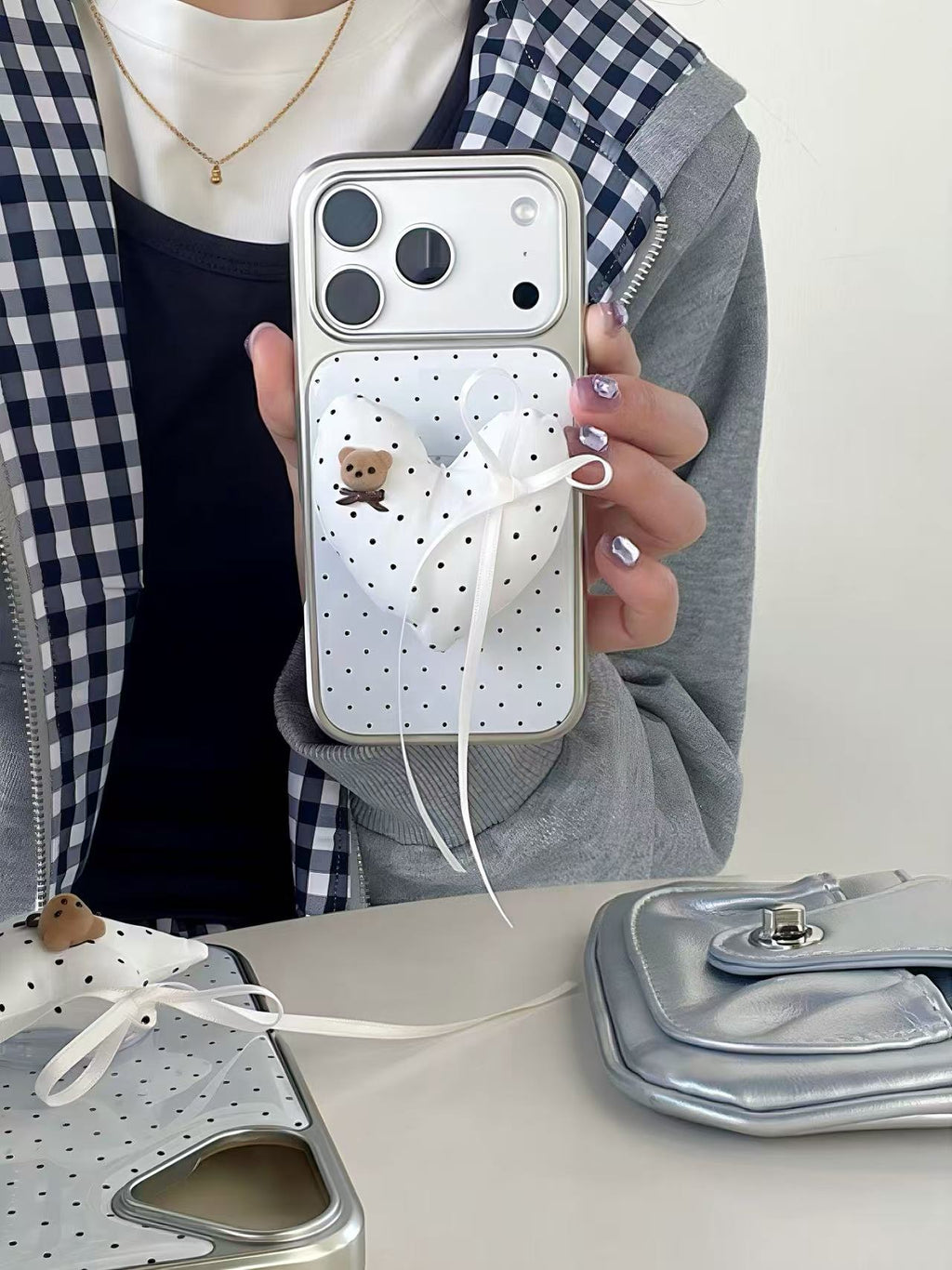 White Polka Dot Teddy Ribbon Phone Case | Heart & Star