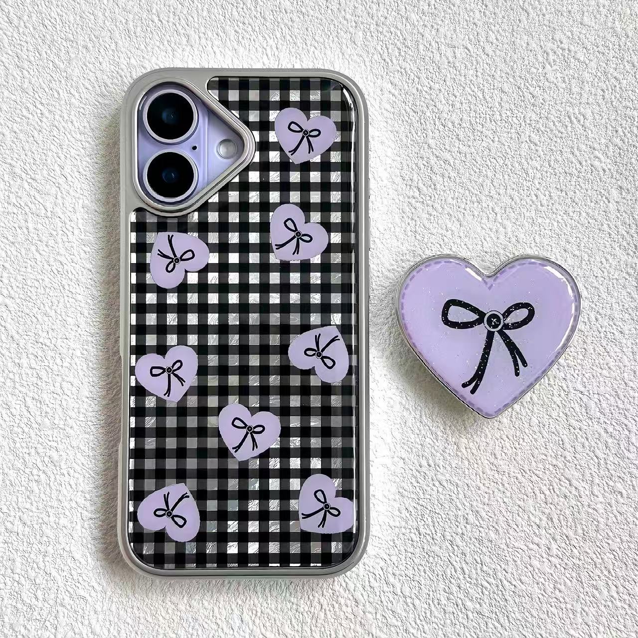 Black Gingham & Purple Heart Phone Case