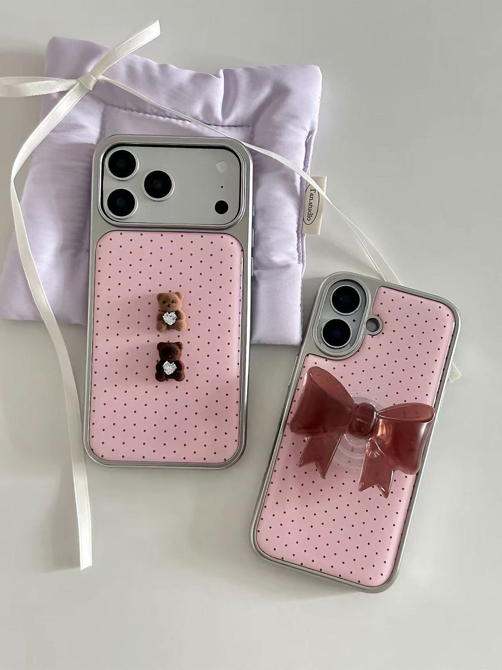 Pink Polka Dot Phone Case | Teddy Bear & Bow