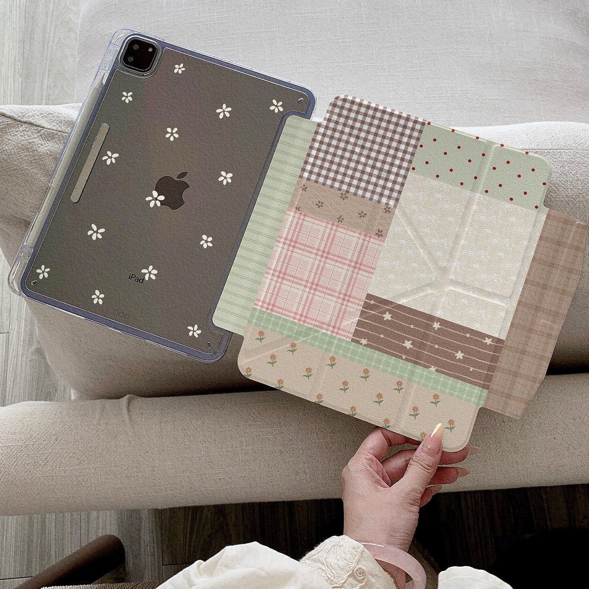 Vintage Plaid & Floral Patchwork iPad Case with Pencil Holder