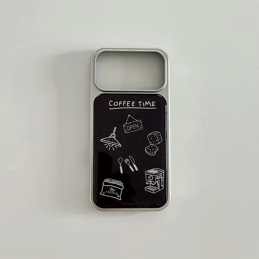 aesthetic black protective phone case printed with cute coffee elements.