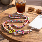 Pastel Woven Crossbody Phone Strap with Leaf Charm & Wooden Buttons