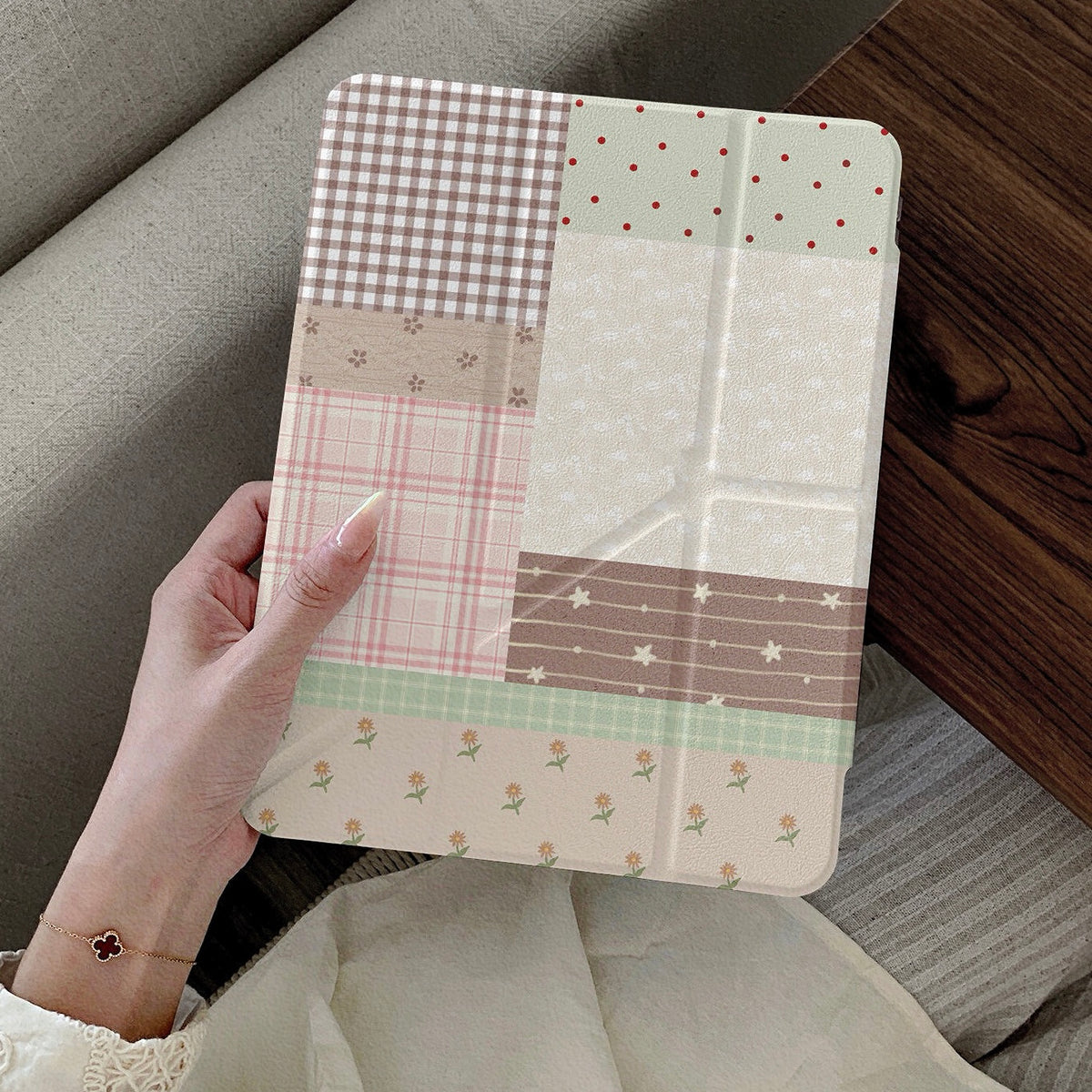 Vintage Plaid & Floral Patchwork iPad Case with Pencil Holder