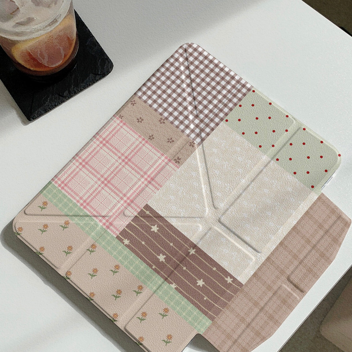 Vintage Plaid & Floral Patchwork iPad Case with Pencil Holder