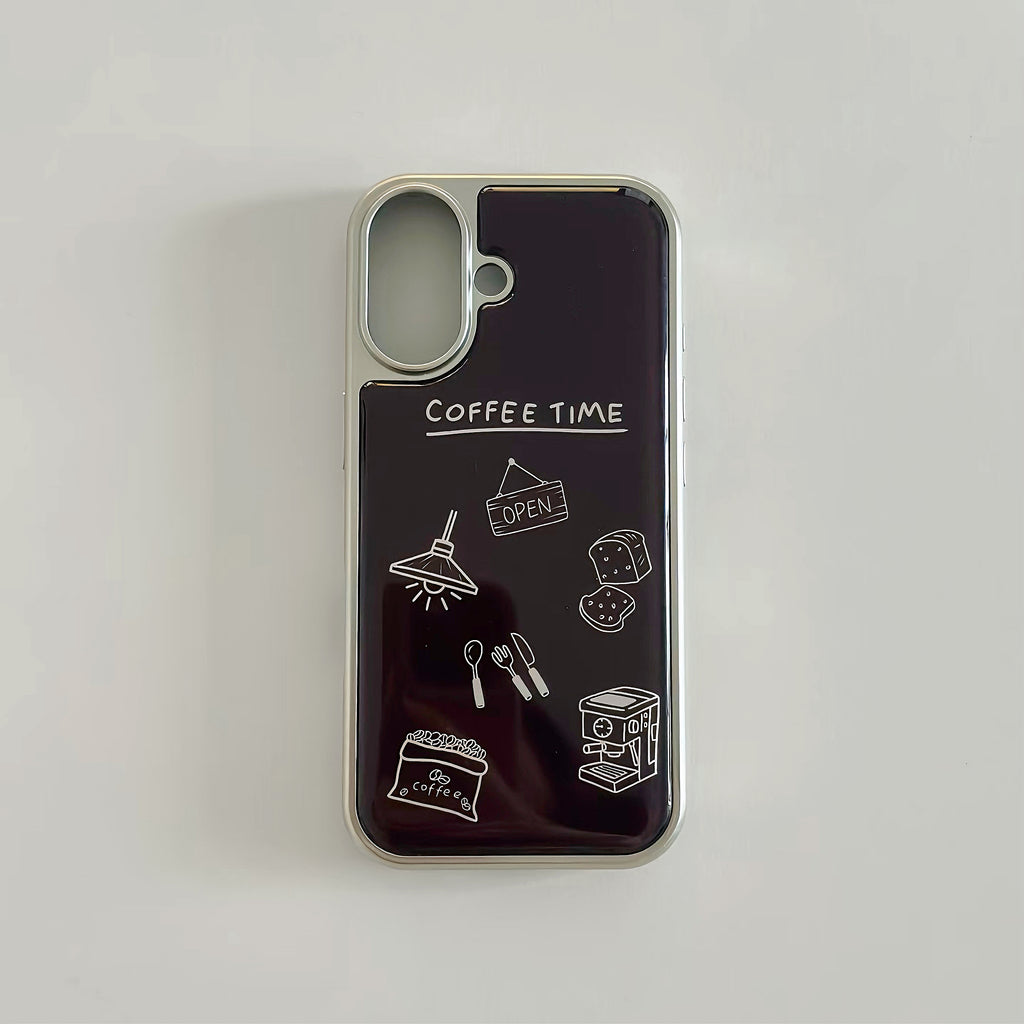 Dark academic style black iPhone 17 case featuring coffee related illustrations.