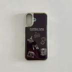 Dark academic style black iPhone 17 case featuring coffee related illustrations.