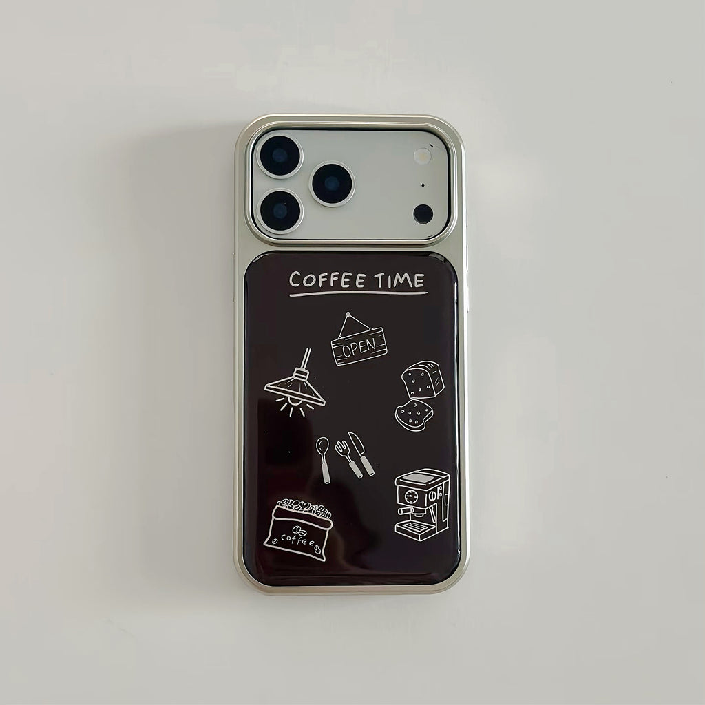 Dark academic style black iPhone 17 pro case featuring coffee related illustrations.