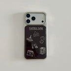 Dark academic style black iPhone 17 pro case featuring coffee related illustrations.