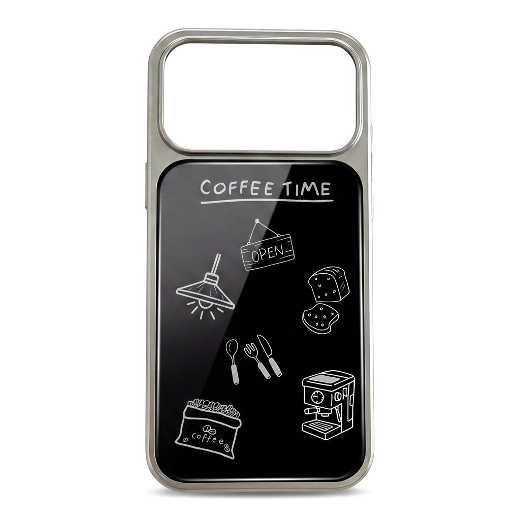 Grunge aesthetic black iPhone 17 Pro Max case featuring retro coffee and kitten prints.